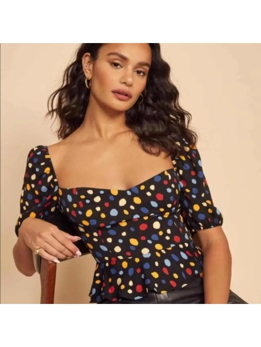 Reformation 10 Peplum Top Polka Dot Sweetheart Neck Short Puff Sleeves NEW $128